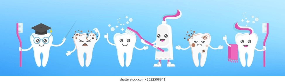 Engraçado sorriso bonito e dentes tristes personagens. Saúde dentária, conceito de odontologia. Higiene oral. Ilustração de vetor de desenho animado plano para clínica infantil.