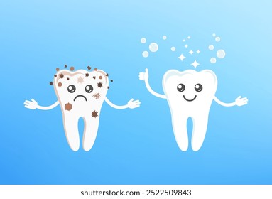 Engraçado sorriso bonito e dentes tristes personagens. Saúde dentária, conceito de odontologia. Higiene oral. Ilustração de vetor de desenho animado plano para clínica infantil.