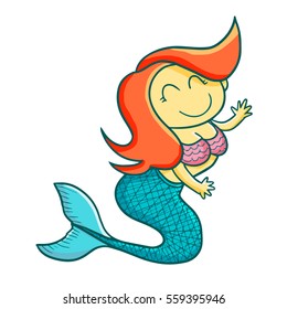 Funny and cute smiley mermaid with red orange hair - vector.