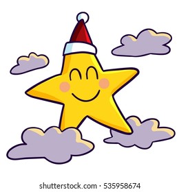 Funny and cute smiley star wearing Santa's hat around purple clouds - vector.