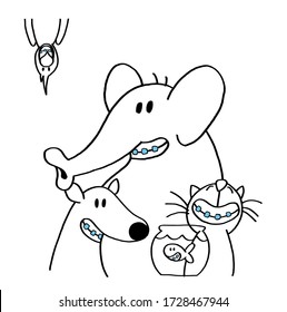 Funny cute smiling animals wearing orthodontics. Dentist, Odontology. Illustration for children. Parrot, elephant, dog, cat and fish. Hand drawn style vector illustration. 