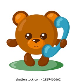 Funny Cute Smiling Bear Holding A Phone. Colored Isolated Animal Vector Illustration In Flat Design With Shadows	