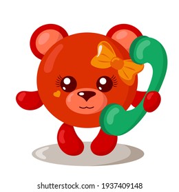 Funny Cute Smiling Bear Holding A Phone. Colored Isolated Animal Vector Illustration In Flat Design With Shadows	