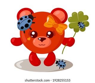 Funny cute smiling bear with round body and ladybugs holding four-leaf good luck clover in flat design with shadows. Isolated animal vector illustration	