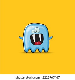 Gracioso monstruo del fantasma azul sonriente lindo aislado en el fondo naranja. Caricatura dibujada a mano del personaje fantasma rosa con los ojos y la boca, emoji lindo. Funky elemento espiritual de Halloween.