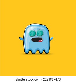 Funny cute smiling blue ghost monster isolated on orange background. Hand drawn cartoon pink ghost character with eyes and mouth , cute emoji. Funky Halloween spirit element.