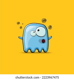 Funny cute smiling blue ghost monster isolated on orange background. Hand drawn cartoon pink ghost character with eyes and mouth , cute emoji. Funky Halloween spirit element.