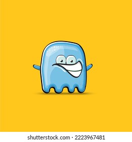 Funny cute smiling blue ghost monster isolated on orange background. Hand drawn cartoon pink ghost character with eyes and mouth , cute emoji. Funky Halloween spirit element.