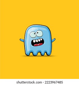 Funny cute smiling blue ghost monster isolated on orange background. Hand drawn cartoon pink ghost character with eyes and mouth , cute emoji. Funky Halloween spirit element.