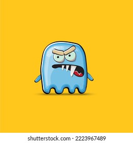 Funny cute smiling blue ghost monster isolated on orange background. Hand drawn cartoon pink ghost character with eyes and mouth , cute emoji. Funky Halloween spirit element.