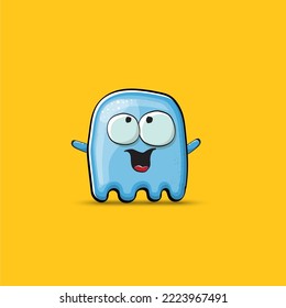 Funny cute smiling blue ghost monster isolated on orange background. Hand drawn cartoon pink ghost character with eyes and mouth , cute emoji. Funky Halloween spirit element.