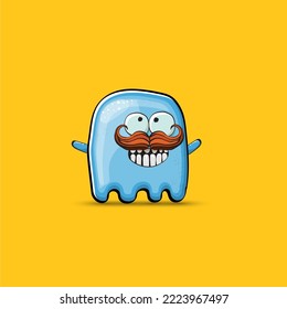 Funny cute smiling blue ghost monster isolated on orange background. Hand drawn cartoon pink ghost character with eyes and mouth , cute emoji. Funky Halloween spirit element.