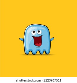 Funny cute smiling blue ghost monster isolated on orange background. Hand drawn cartoon pink ghost character with eyes and mouth , cute emoji. Funky Halloween spirit element.
