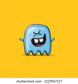 Funny cute smiling blue ghost monster isolated on orange background. Hand drawn cartoon pink ghost character with eyes and mouth , cute emoji. Funky Halloween spirit element.