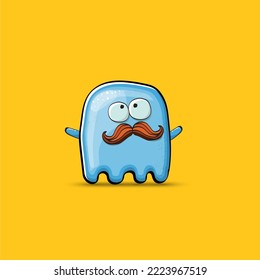 Funny cute smiling blue ghost monster isolated on orange background. Hand drawn cartoon pink ghost character with eyes and mouth , cute emoji. Funky Halloween spirit element.