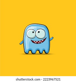 Funny cute smiling blue ghost monster isolated on orange background. Hand drawn cartoon pink ghost character with eyes and mouth , cute emoji. Funky Halloween spirit element.