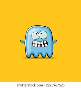 Funny cute smiling blue ghost monster isolated on orange background. Hand drawn cartoon pink ghost character with eyes and mouth , cute emoji. Funky Halloween spirit element.