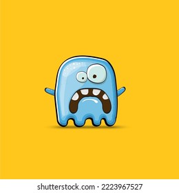Funny cute smiling blue ghost monster isolated on orange background. Hand drawn cartoon pink ghost character with eyes and mouth , cute emoji. Funky Halloween spirit element.