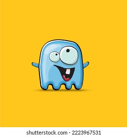 Funny cute smiling blue ghost monster isolated on orange background. Hand drawn cartoon pink ghost character with eyes and mouth , cute emoji. Funky Halloween spirit element.