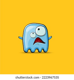 Funny cute smiling blue ghost monster isolated on orange background. Hand drawn cartoon pink ghost character with eyes and mouth , cute emoji. Funky Halloween spirit element.
