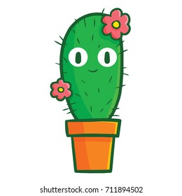 Funny and cute smiling cactus with flower smiling - vector.