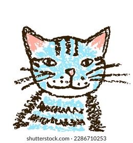 Funny cute smiling cartoon cat  Wax crayon like child`s hand drawn kitten  Pastel chalk pencil kids line art stroke pretty tabby kitty  Vector artistic doodle simple pet