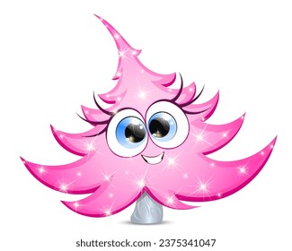 Funny cute smiling cartoon pink fir tree girl character with Christmas lights 