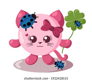 Funny cute smiling cat with round body and ladybugs holding four-leaf good luck clover in flat design with shadows. Isolated animal vector illustration