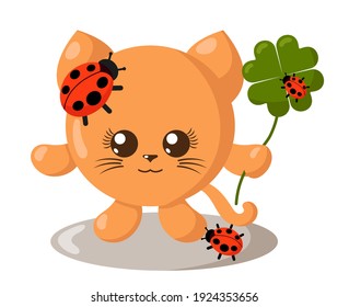 Funny cute smiling cat with round body and ladybugs holding four-leaf good luck clover in flat design with shadows. Isolated animal vector illustration