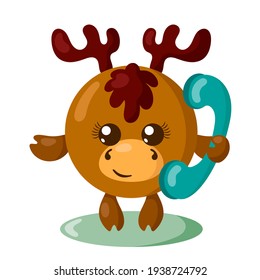 Curioso ciervo sonriente o alce sosteniendo un teléfono. Ilustración de vector animal aislado de color en diseño plano con sombras	