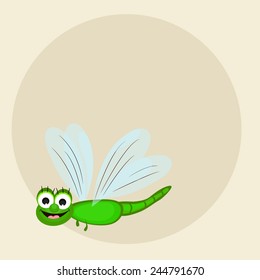 Funny cute smiling dragonfly with blank rounded frame for your massage on beige background.