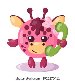 Funny cute smiling giraffe holding a phone. Colored isolated animal vector illustration in flat design with shadows	