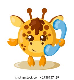 Graciosa jirafa sonriente mona sosteniendo un teléfono. Ilustración de vector animal aislado de color en diseño plano con sombras	