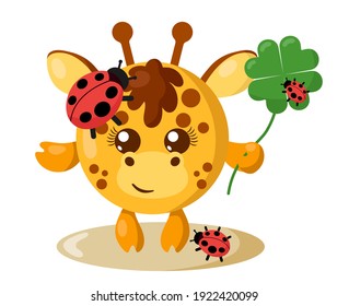 Funny cute smiling giraffe with round body and ladybugs holding four-leaf good luck clover in flat design with shadows. Isolated animal vector illustration