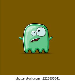 Funny cute smiling green ghost monster isolated on brown background. Ghost cartoon character and cute emoji. Halloween spirit element.