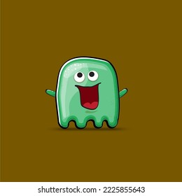 Funny cute smiling green ghost monster isolated on brown background. Ghost cartoon character and cute emoji. Halloween spirit element.
