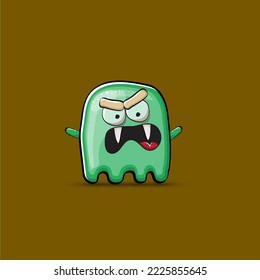 Funny cute smiling green ghost monster isolated on brown background. Ghost cartoon character and cute emoji. Halloween spirit element.