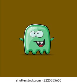 Funny cute smiling green ghost monster isolated on brown background. Ghost cartoon character and cute emoji. Halloween spirit element.