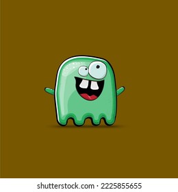 Funny cute smiling green ghost monster isolated on brown background. Ghost cartoon character and cute emoji. Halloween spirit element.