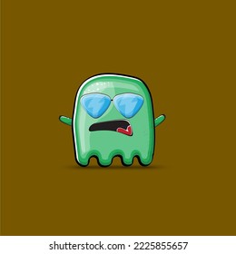 Funny cute smiling green ghost monster isolated on brown background. Ghost cartoon character and cute emoji. Halloween spirit element.