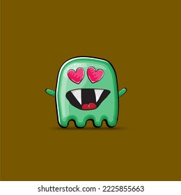 Funny cute smiling green ghost monster isolated on brown background. Ghost cartoon character and cute emoji. Halloween spirit element.