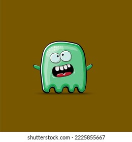 Funny cute smiling green ghost monster isolated on brown background. Ghost cartoon character and cute emoji. Halloween spirit element.