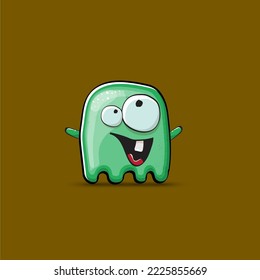 Funny cute smiling green ghost monster isolated on brown background. Ghost cartoon character and cute emoji. Halloween spirit element.