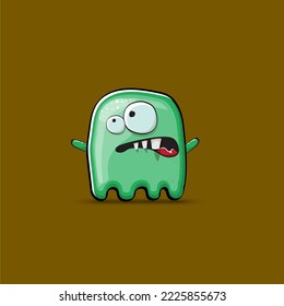 Funny cute smiling green ghost monster isolated on brown background. Ghost cartoon character and cute emoji. Halloween spirit element.