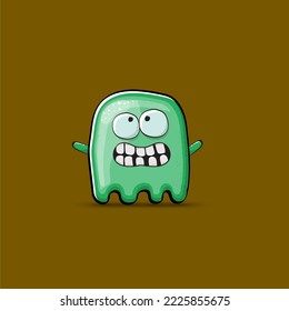 Funny cute smiling green ghost monster isolated on brown background. Ghost cartoon character and cute emoji. Halloween spirit element.