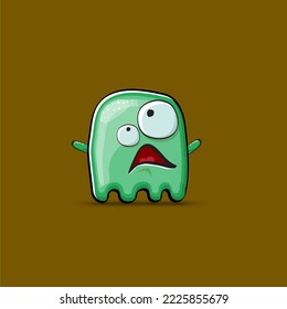Funny cute smiling green ghost monster isolated on brown background. Ghost cartoon character and cute emoji. Halloween spirit element.