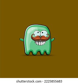 Funny cute smiling green ghost monster isolated on brown background. Ghost cartoon character and cute emoji. Halloween spirit element.