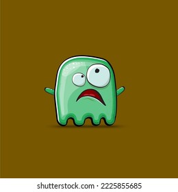 Funny cute smiling green ghost monster isolated on brown background. Ghost cartoon character and cute emoji. Halloween spirit element.