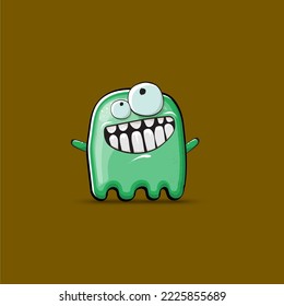 Funny cute smiling green ghost monster isolated on brown background. Ghost cartoon character and cute emoji. Halloween spirit element.