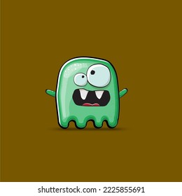 Funny cute smiling green ghost monster isolated on brown background. Ghost cartoon character and cute emoji. Halloween spirit element.